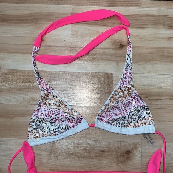 SM Victoria’s Secret sequin neon pink string bikini triangle halter two piece, - Picture 2 of 12